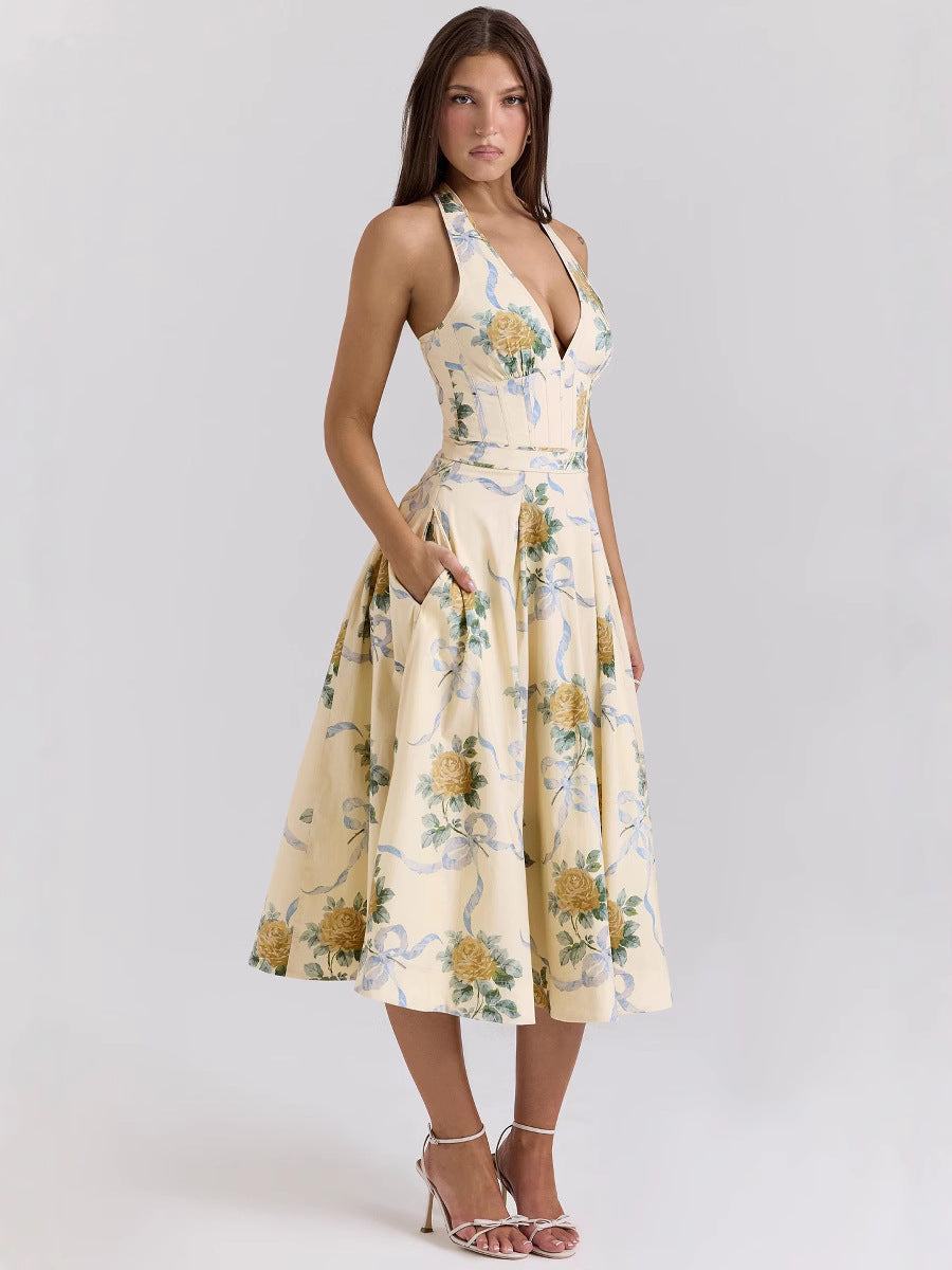 Stylish Floral Print Halter Neck Summer A-Line Dress