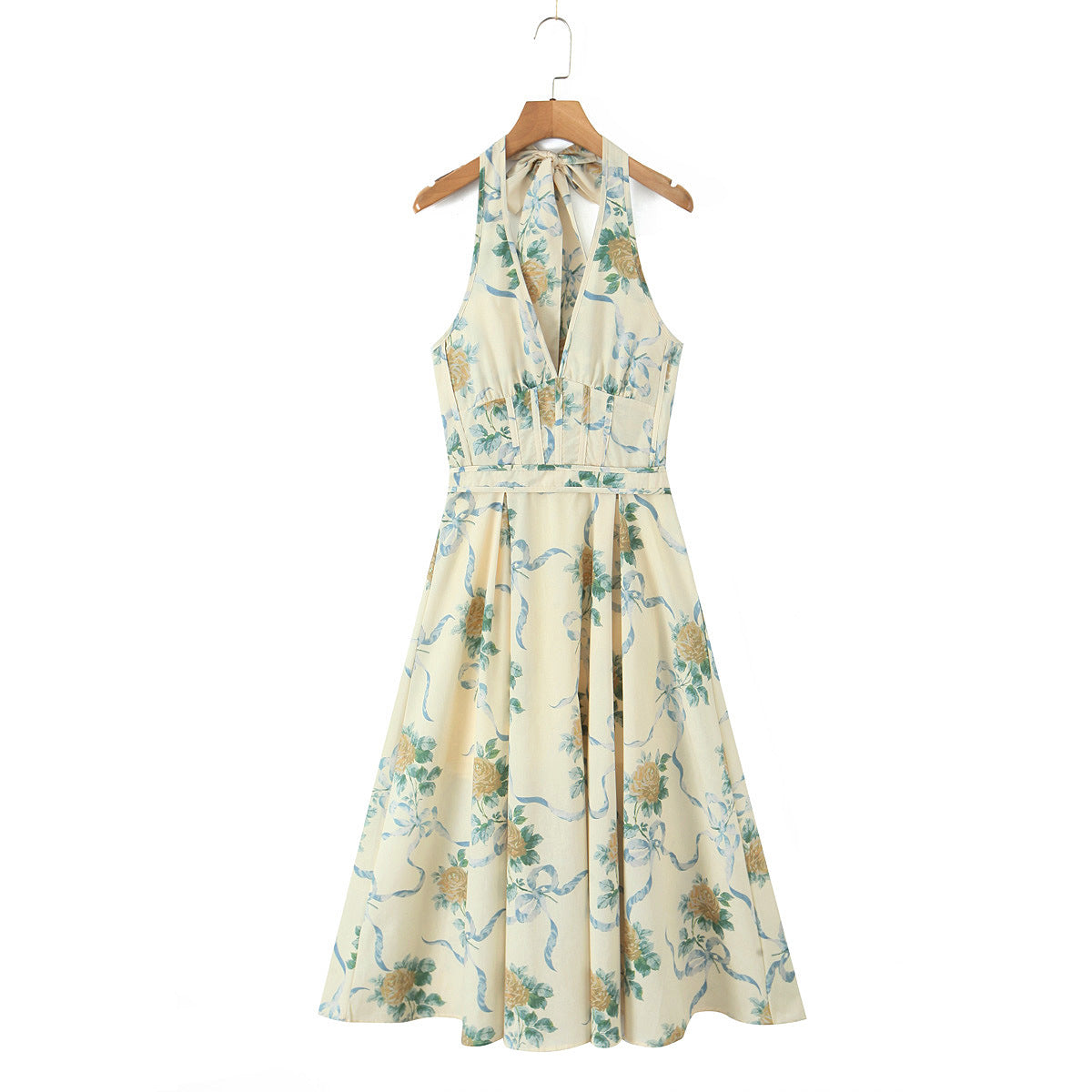 Stylish Floral Print Halter Neck Summer A-Line Dress