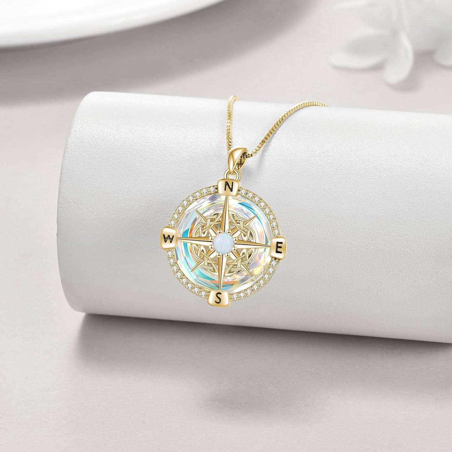 925 Sterling Silver Opal Compass Necklace with Zircon