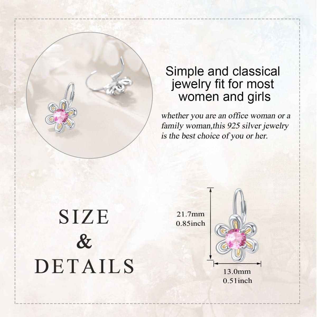 925 sterling silver flower stud earrings with pink zircon center