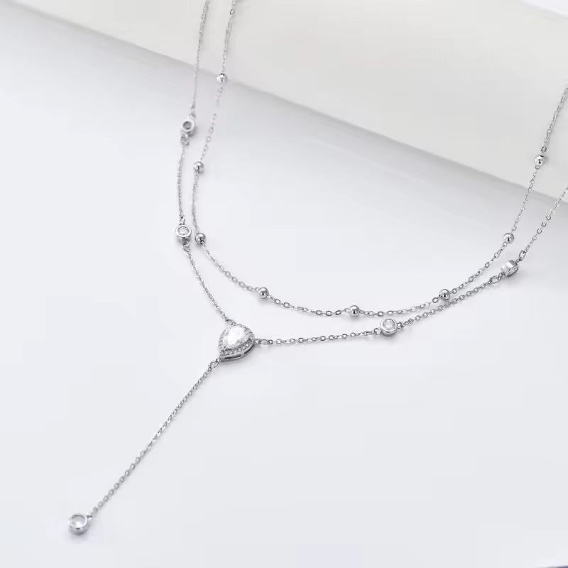 Elegant CZ Pear Double Chain Sterling Silver Y-Necklace