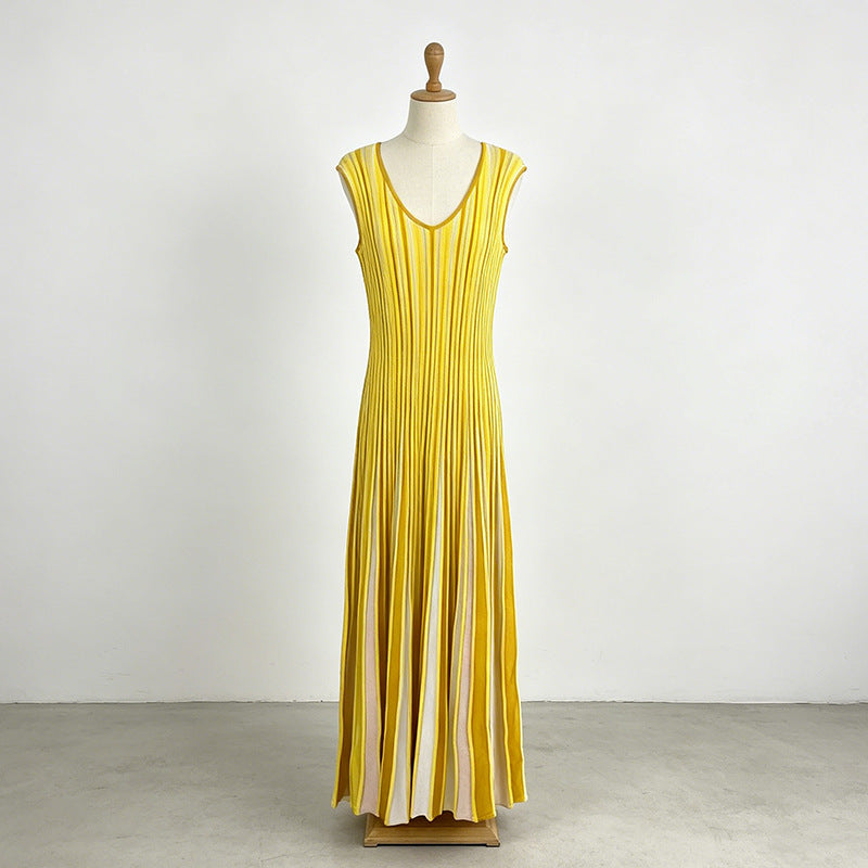 Chic Commuter Long Dress in yellow with vertical stripes, sleeveless V-neck, pleated polyester-cotton blend fabric for elegant everyday wear