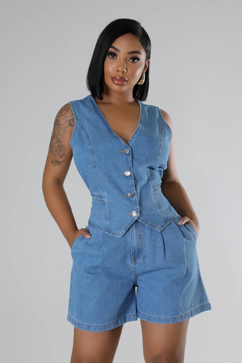 Chic Denim Two - Piece Sleeveless High - Waist Shorts Set for Women - Yourstylesite