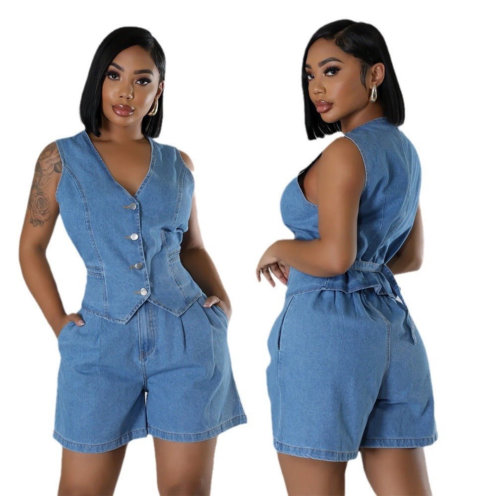 Chic Denim Two - Piece Sleeveless High - Waist Shorts Set for Women - Yourstylesite