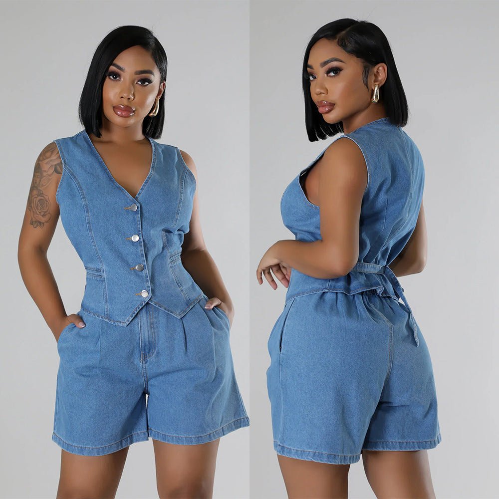 Chic Denim Two - Piece Sleeveless High - Waist Shorts Set for Women - Yourstylesite