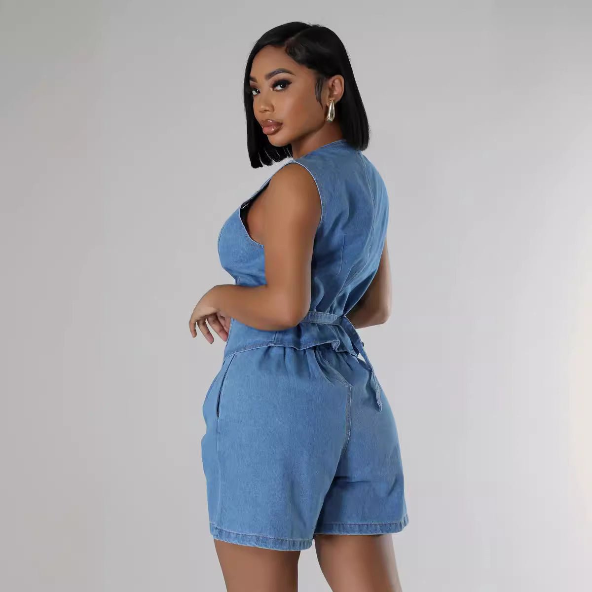 Chic Denim Two - Piece Sleeveless High - Waist Shorts Set for Women - Yourstylesite