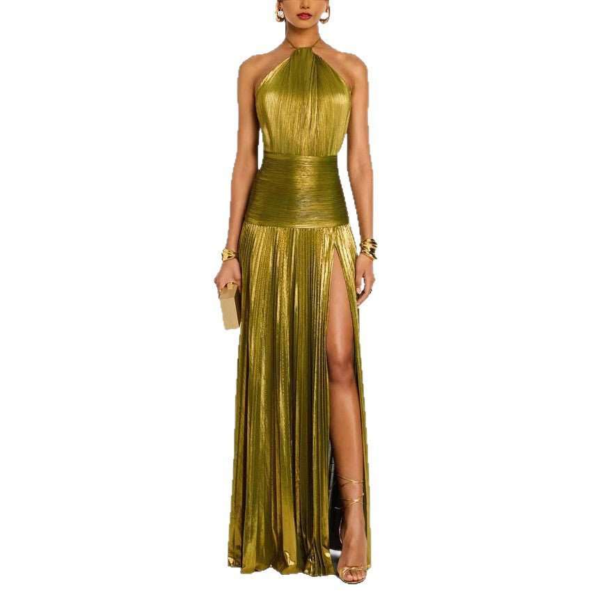 Chic Metallic Pleated Slit Dress - Flattering Tie Waist - Yourstylesite