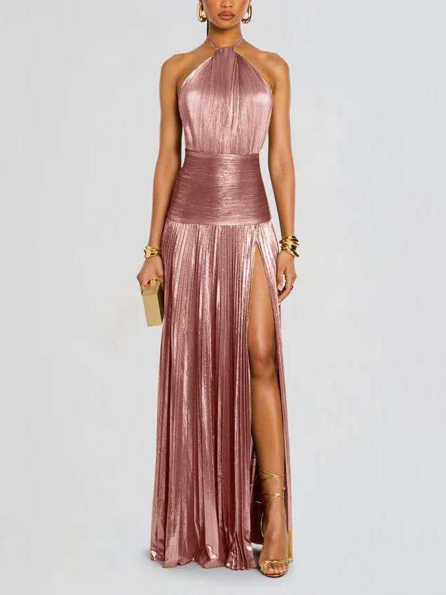 Chic Metallic Pleated Slit Dress - Flattering Tie Waist - Yourstylesite