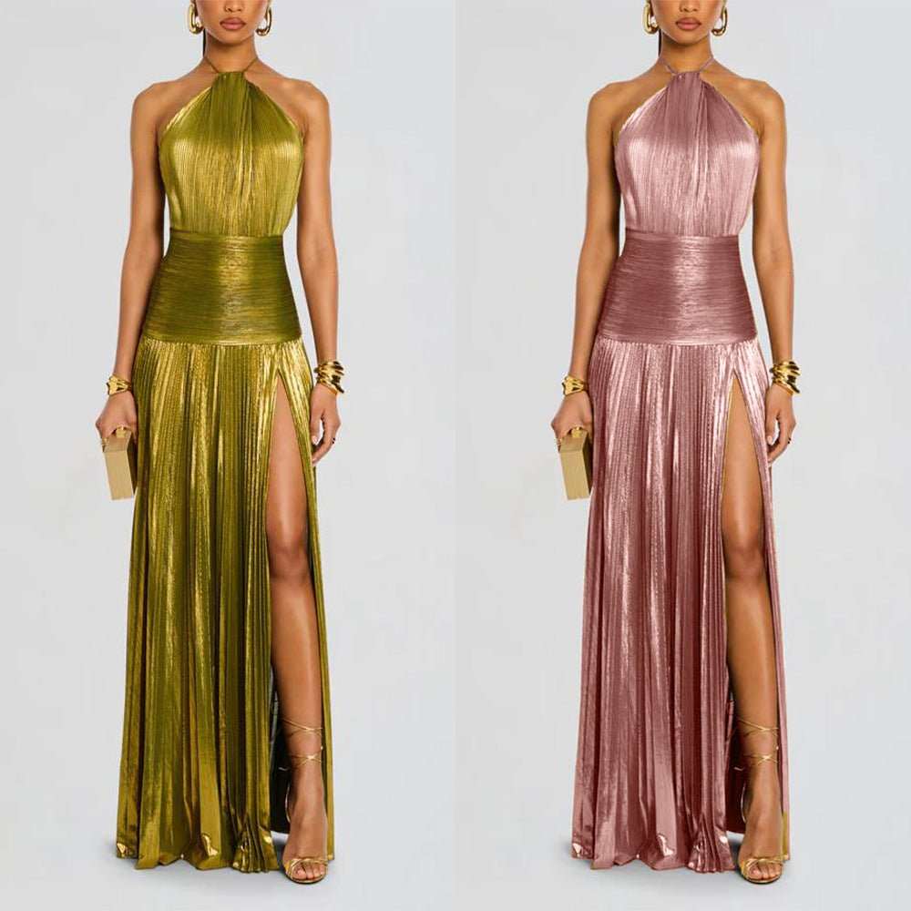 Chic Metallic Pleated Slit Dress - Flattering Tie Waist - Yourstylesite