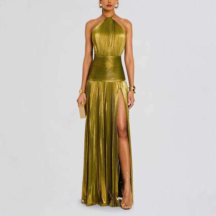Chic Metallic Pleated Slit Dress - Flattering Tie Waist - Yourstylesite
