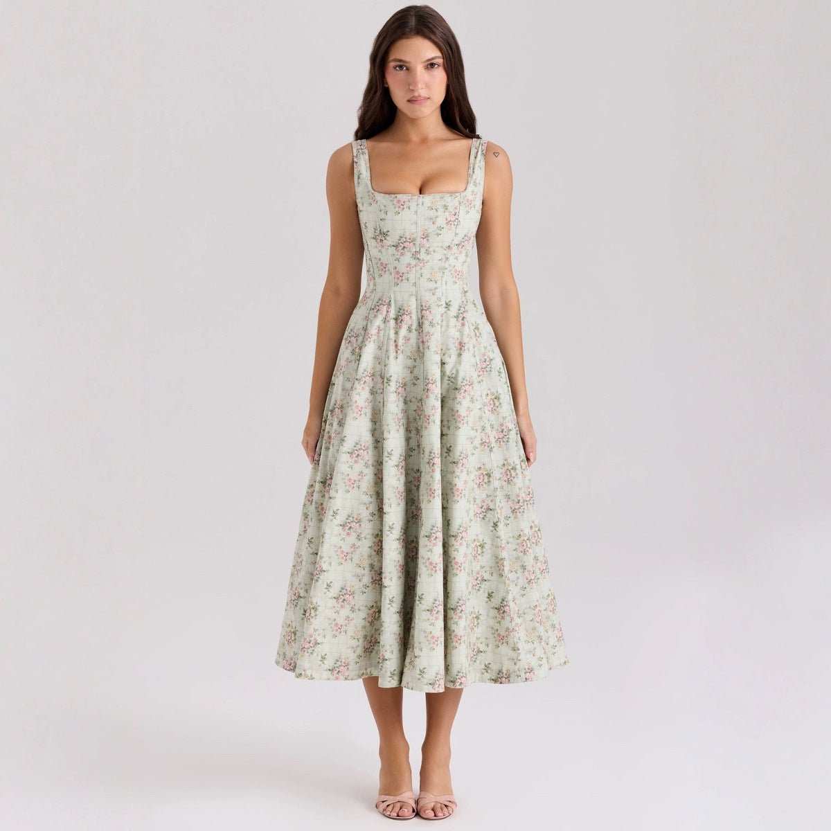 Strapless floral summer dress, above-knee, pink print, flattering A-line fit