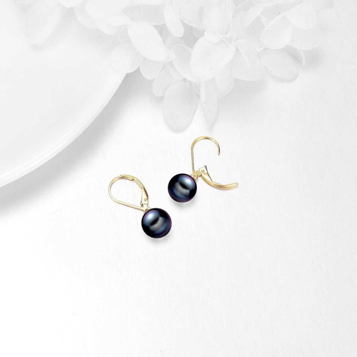 Elegant 14K Gold Black Pearl Leverback Drop Earrings for Women - Yourstylesite