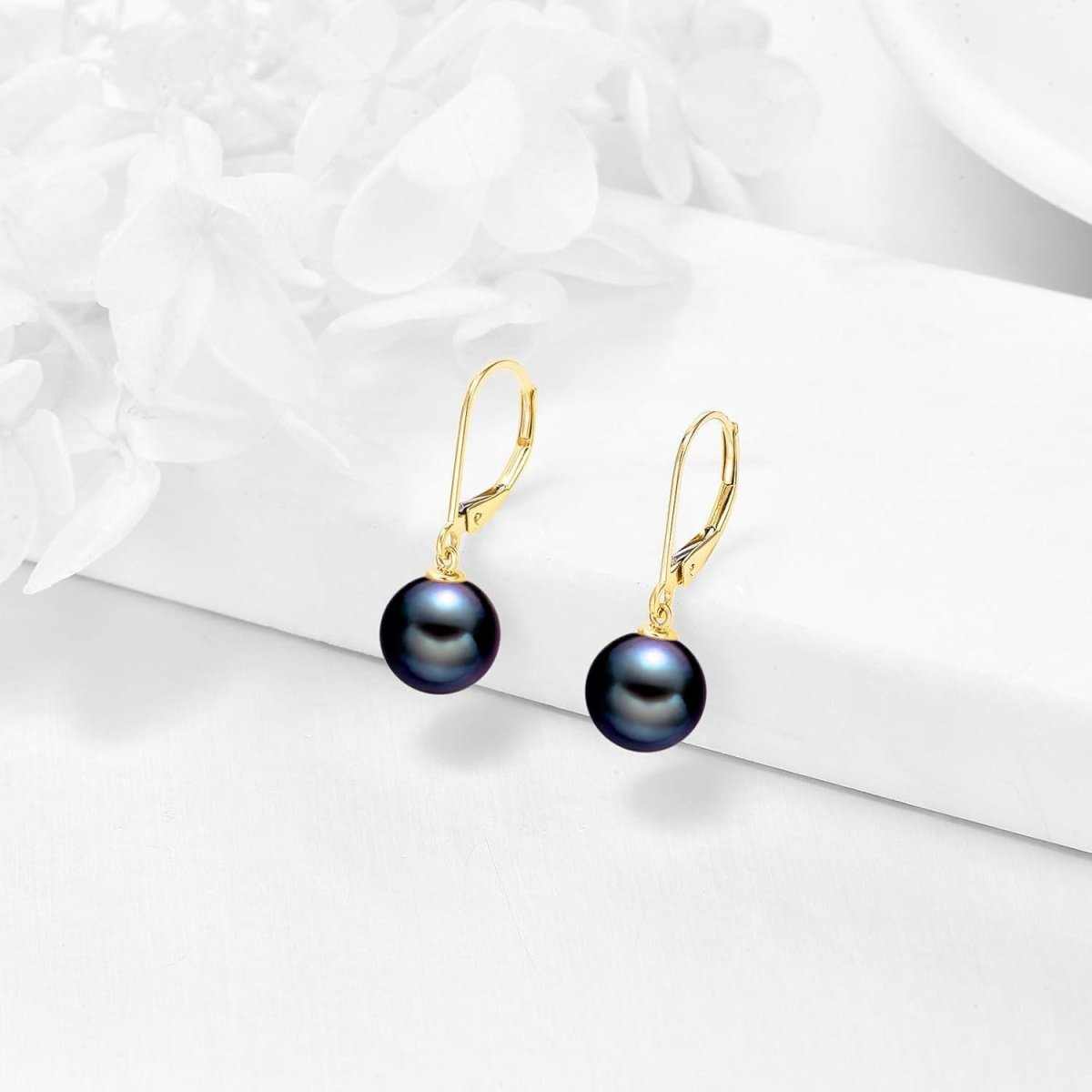 Elegant 14K Gold Black Pearl Leverback Drop Earrings for Women - Yourstylesite