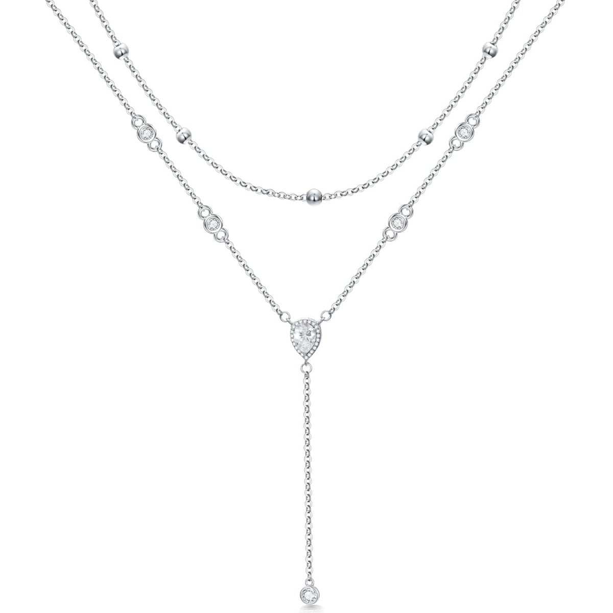 Elegant double chain sterling silver necklace with CZ pear drop