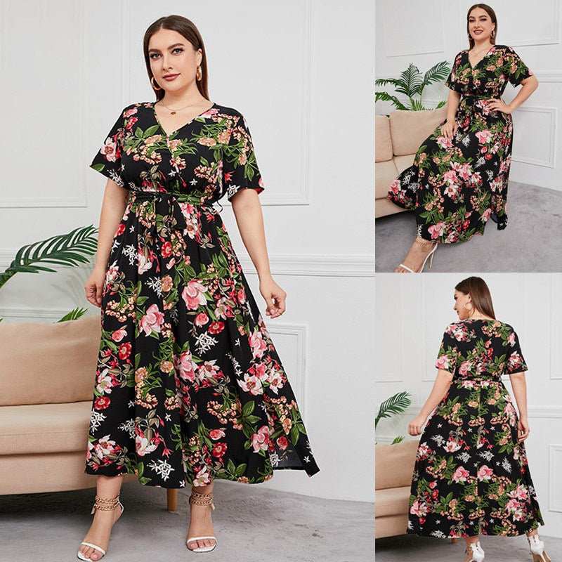 Versatile A-line floral dress for day and night occasions, breathable polyester fabric, side view