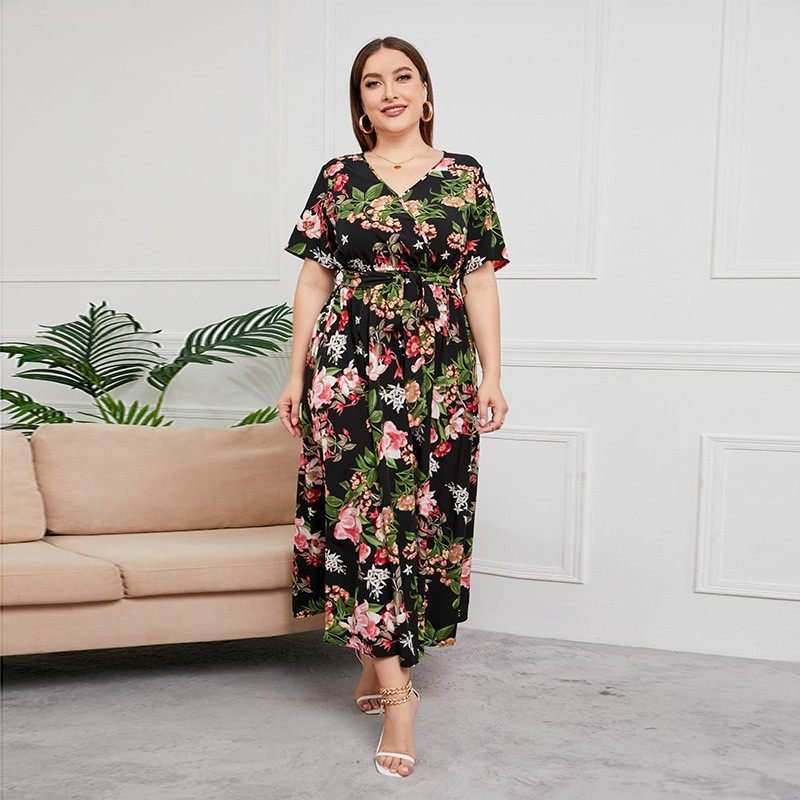 Chic floral print dress with relaxed fit, styled for brunch, wedding, or evening dinner