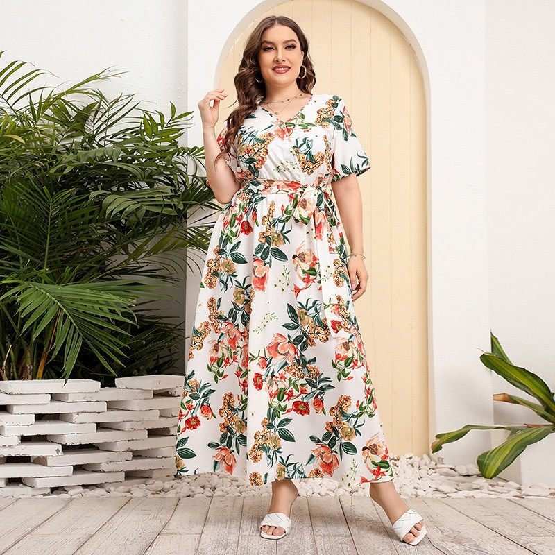 Elegant floral A-line dress, close-up of fabric pattern and color, comfortable fit