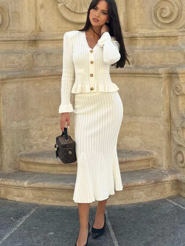 Elegant French Knit Cardigan & Matching Skirt Set - Yourstylesite