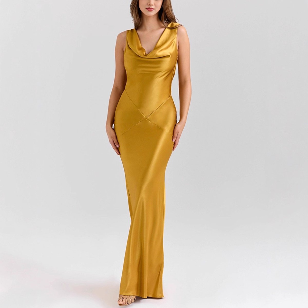 Elegant Satin Draped Collar Acetate Dress - Yourstylesite