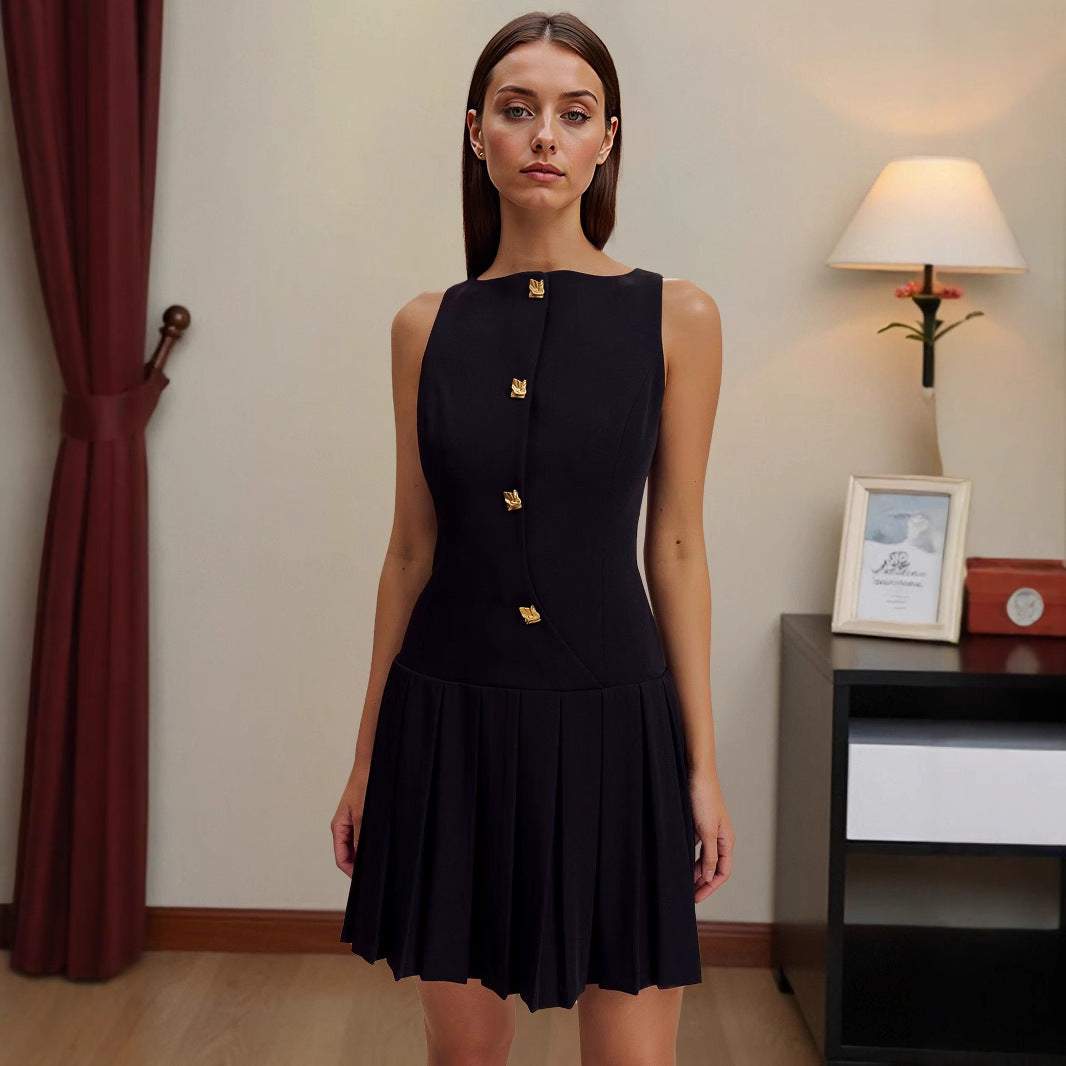 Elegant Sleeveless Pleated Shift Dress - Yourstylesite