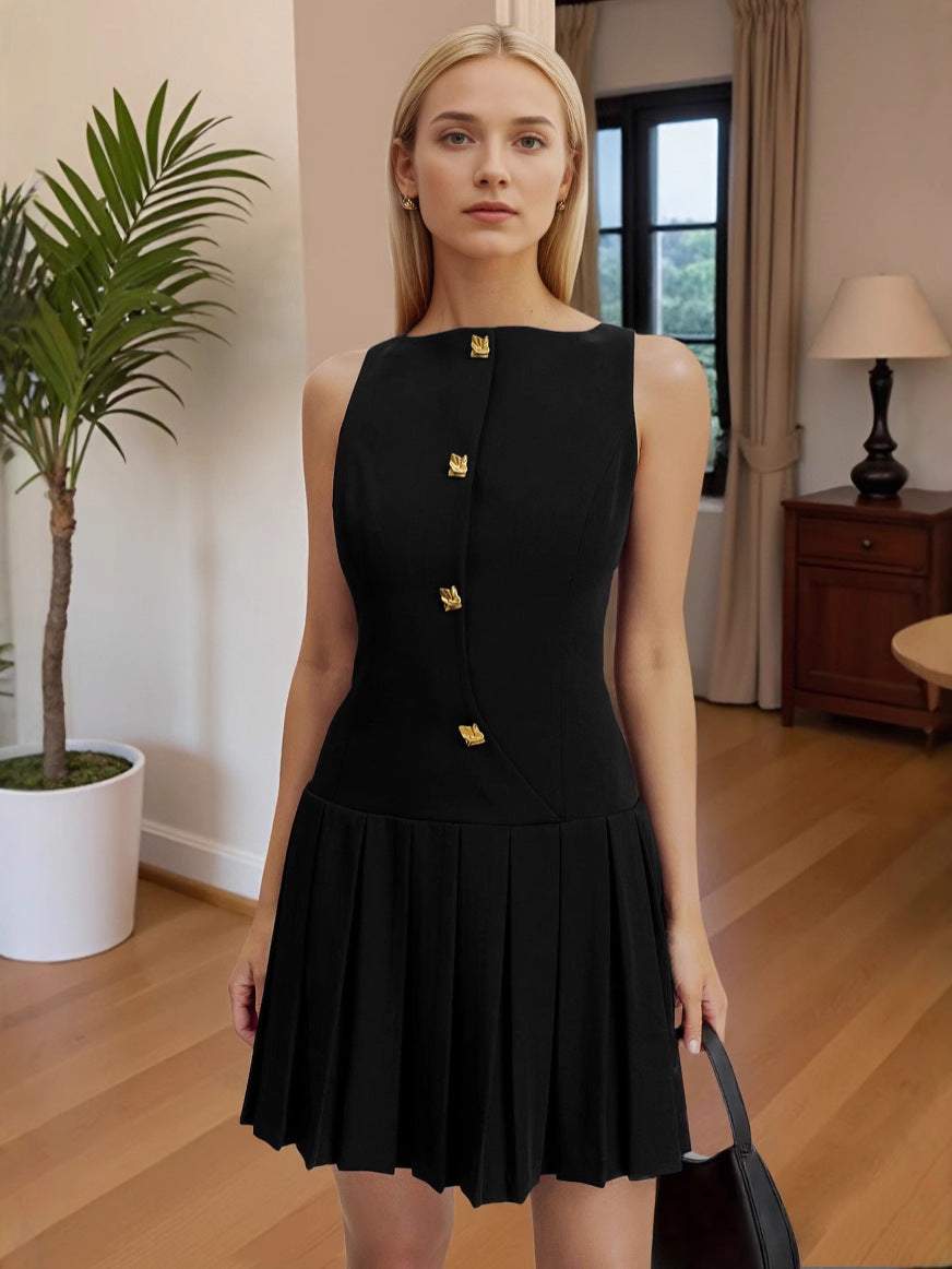 Elegant Sleeveless Pleated Shift Dress - Yourstylesite