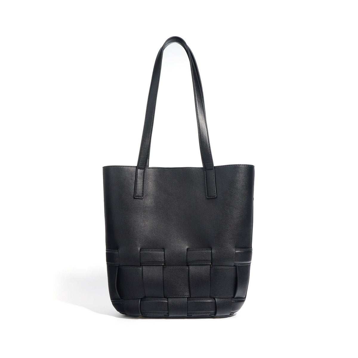 Genuine cowhide leather woven tote bag showing rich texture and large interior compartment