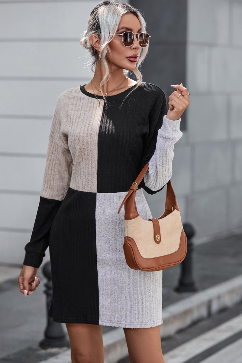 Emerald Vibe Colorblock Ribbed Mini Dress – Drop Shoulder Chic - Yourstylesite