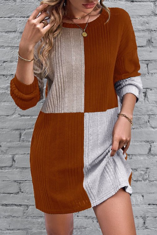 Emerald Vibe Colorblock Ribbed Mini Dress – Drop Shoulder Chic - Yourstylesite