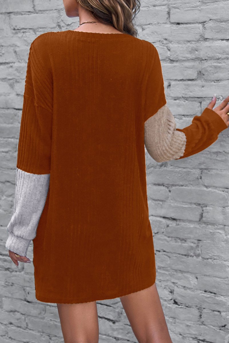 Emerald Vibe Colorblock Ribbed Mini Dress – Drop Shoulder Chic - Yourstylesite