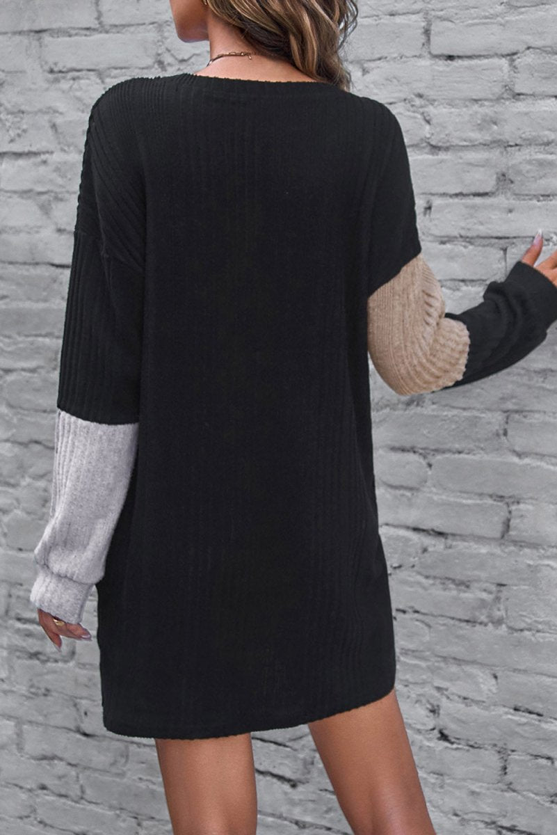 Emerald Vibe Colorblock Ribbed Mini Dress – Drop Shoulder Chic - Yourstylesite