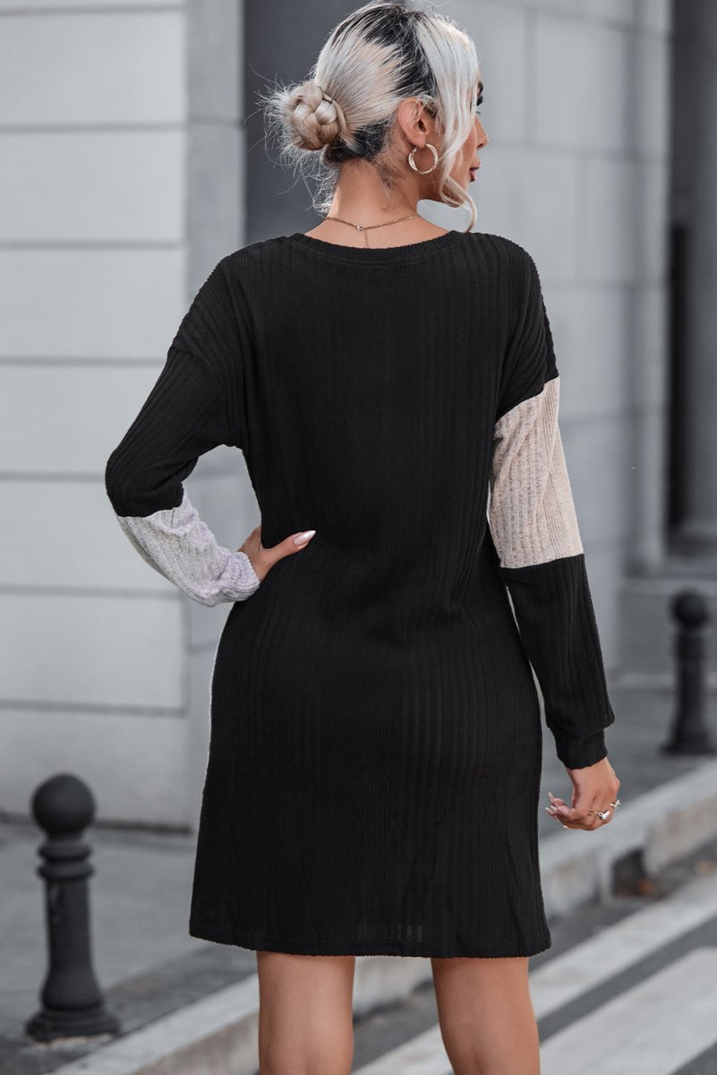 Emerald Vibe Colorblock Ribbed Mini Dress – Drop Shoulder Chic - Yourstylesite