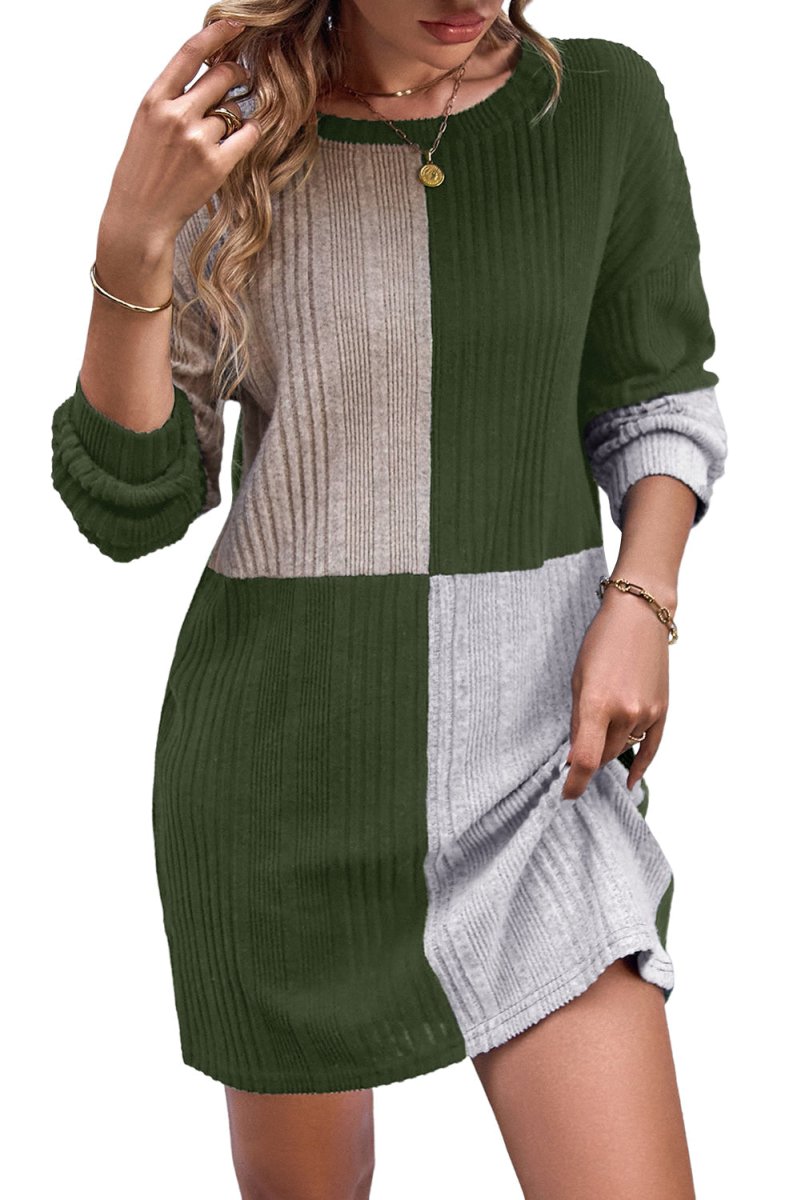 Emerald Vibe Colorblock Ribbed Mini Dress – Drop Shoulder Chic - Yourstylesite
