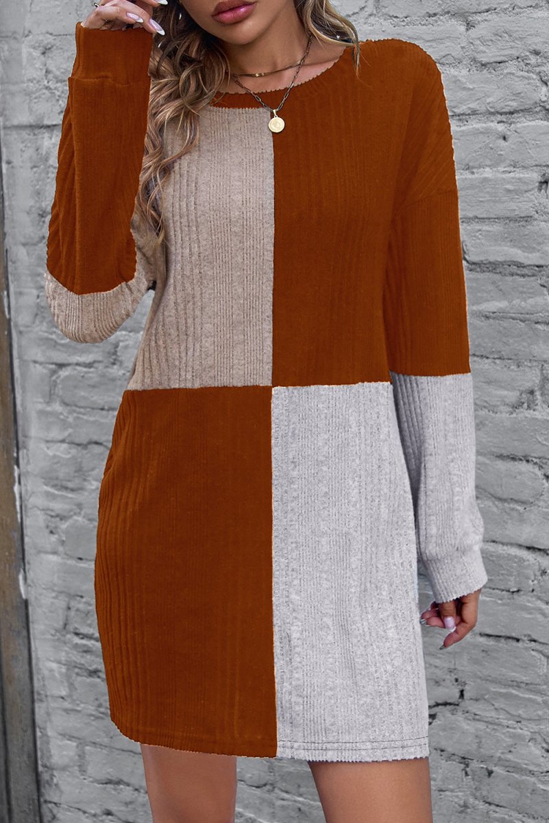 Emerald Vibe Colorblock Ribbed Mini Dress – Drop Shoulder Chic - Yourstylesite