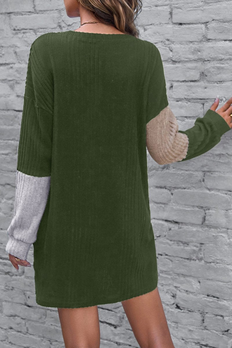 Emerald Vibe Colorblock Ribbed Mini Dress – Drop Shoulder Chic - Yourstylesite