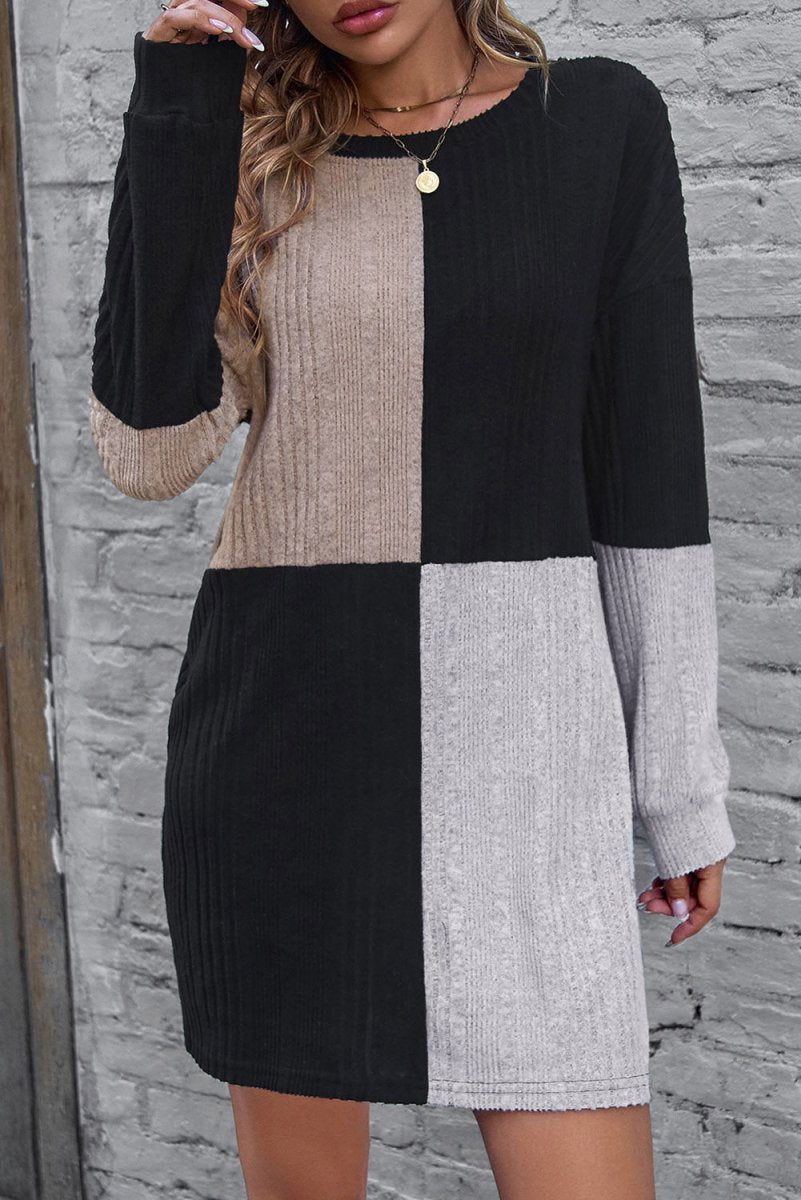 Emerald Vibe Colorblock Ribbed Mini Dress – Drop Shoulder Chic - Yourstylesite