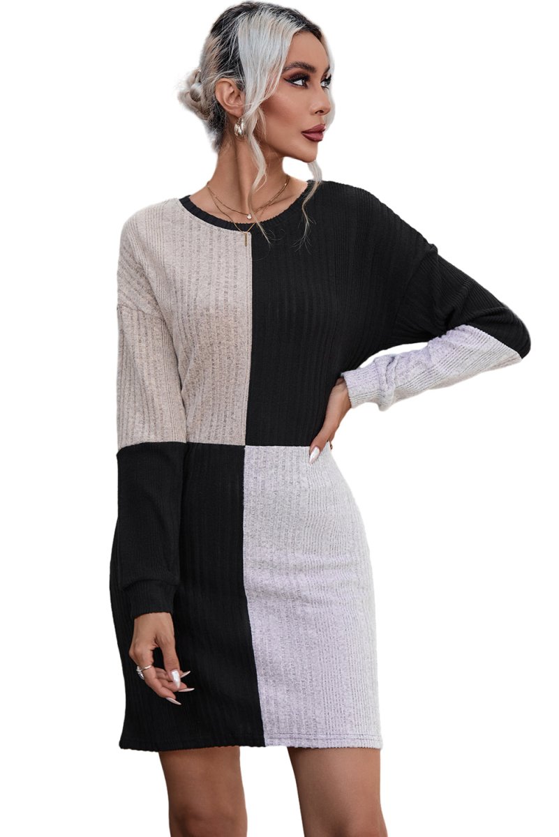 Emerald Vibe Colorblock Ribbed Mini Dress – Drop Shoulder Chic - Yourstylesite
