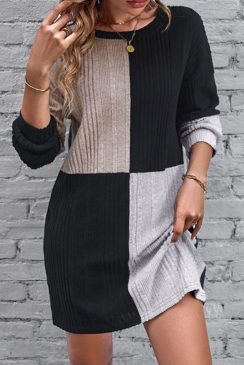 Emerald Vibe Colorblock Ribbed Mini Dress – Drop Shoulder Chic - Yourstylesite