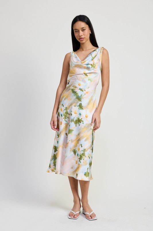 Lush Florals Cowl Neck Midi Dress - Yourstylesite