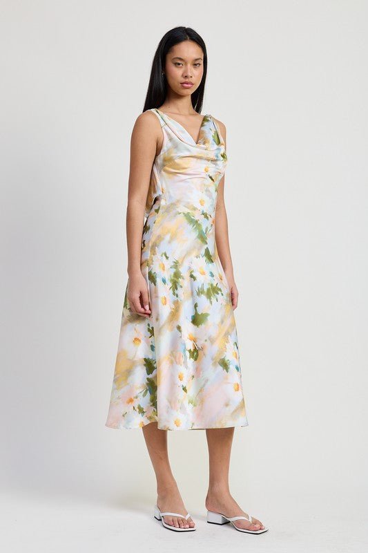 Lush Florals Cowl Neck Midi Dress - Yourstylesite