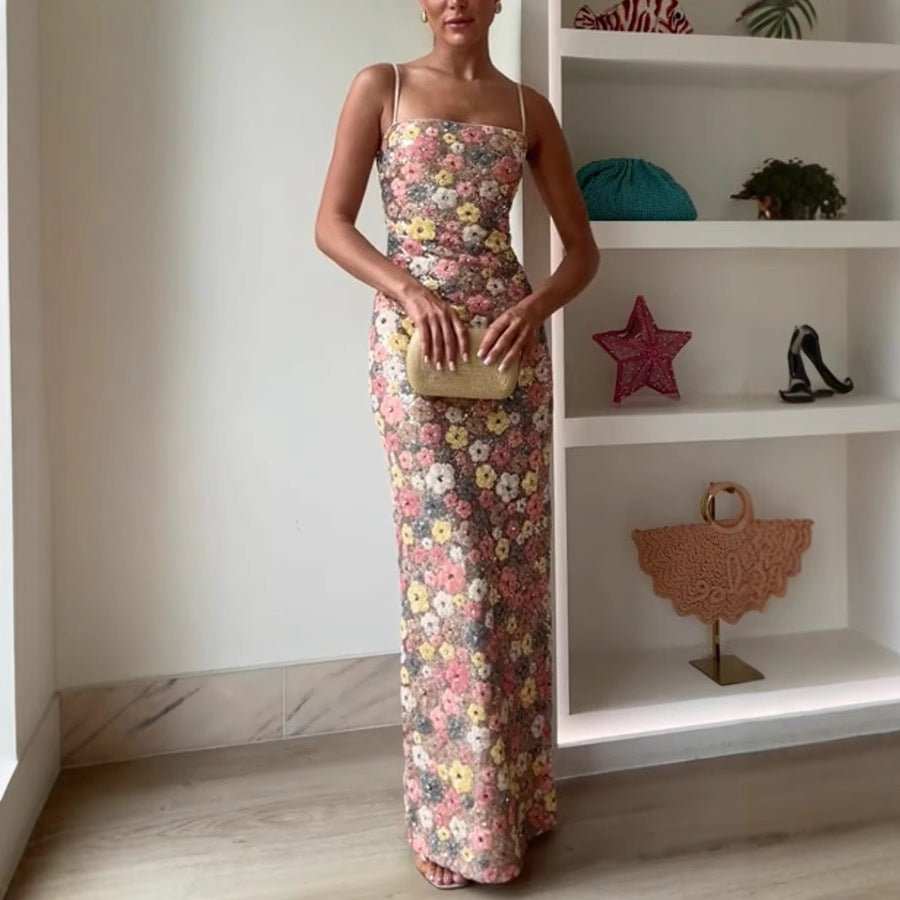 Opulent Sequin Suspender Maxi Dress with Elegant High - Waist Fit - Yourstylesite