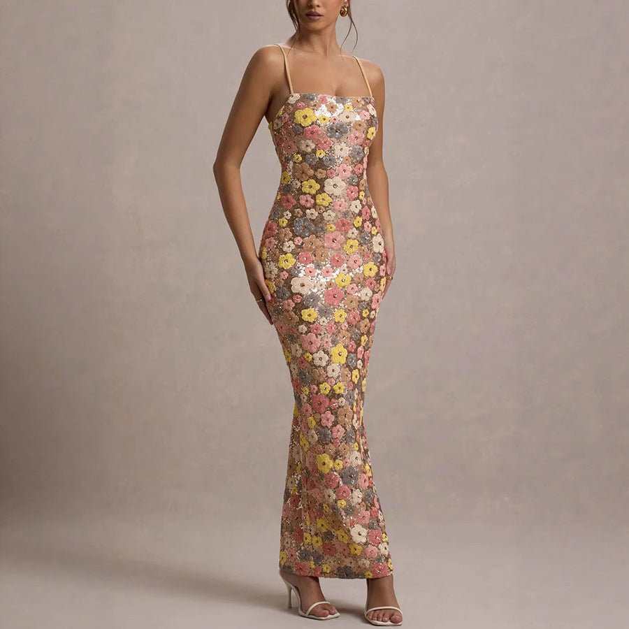 Opulent Sequin Suspender Maxi Dress with Elegant High - Waist Fit - Yourstylesite