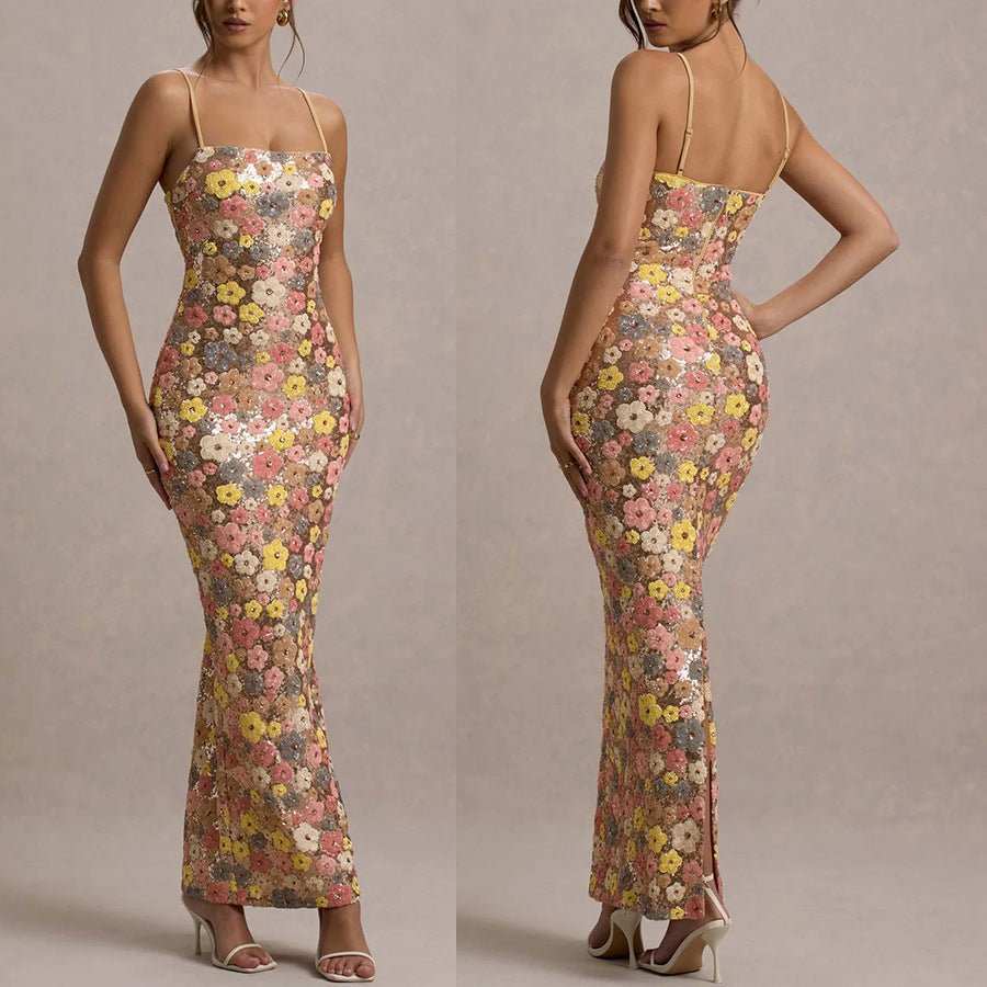 Opulent Sequin Suspender Maxi Dress with Elegant High - Waist Fit - Yourstylesite