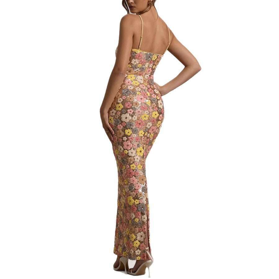 Opulent Sequin Suspender Maxi Dress with Elegant High - Waist Fit - Yourstylesite