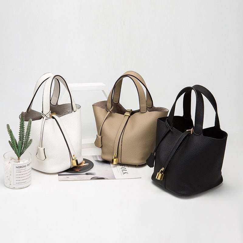 Genuine Leather Bucket Bag, close-up showing grain texture and stitching details