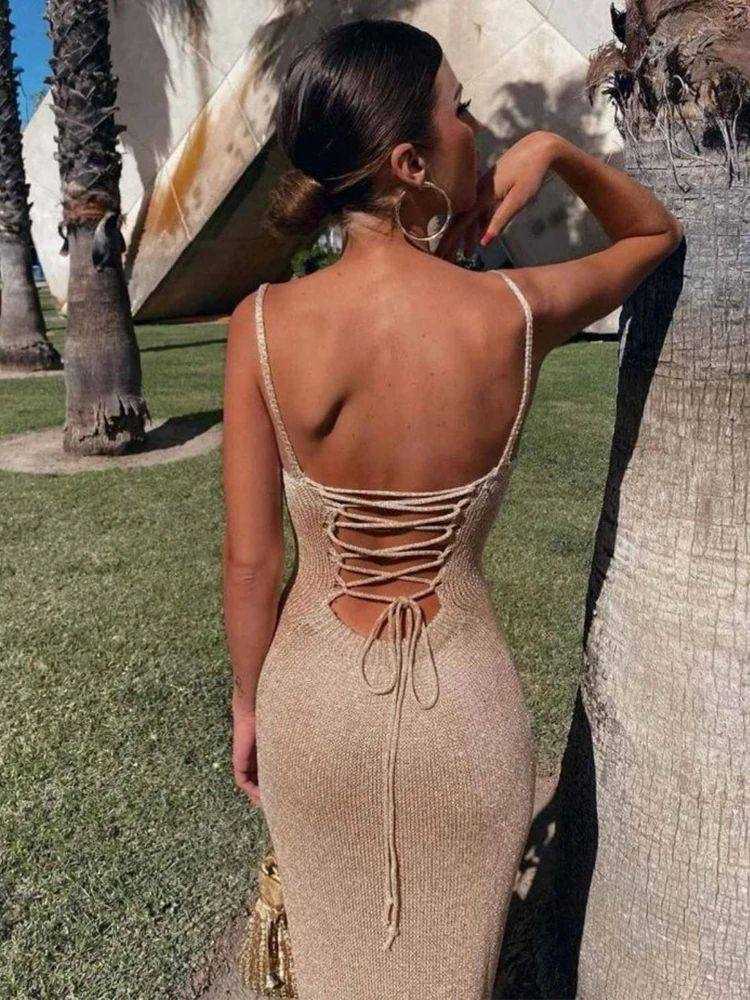 Elegant high-waist off-shoulder dress with halter neck, ankle length, feminine fit