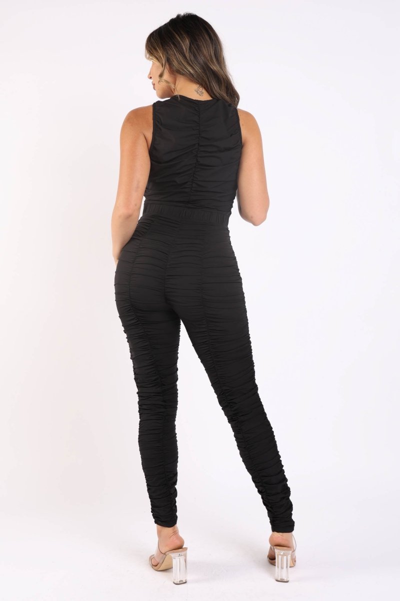 Sleek Black Ruched Ruffle Bodycon Jumpsuit - Yourstylesite