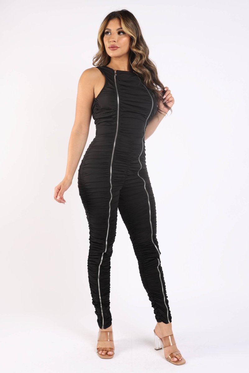 Sleek Black Ruched Ruffle Bodycon Jumpsuit - Yourstylesite
