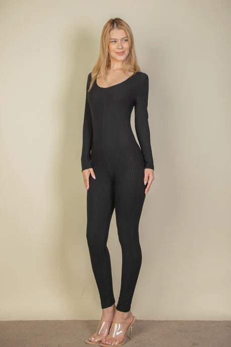 SleekFit Ribbed Long Sleeve Scoop Neck Jumpsuit - Yourstylesite