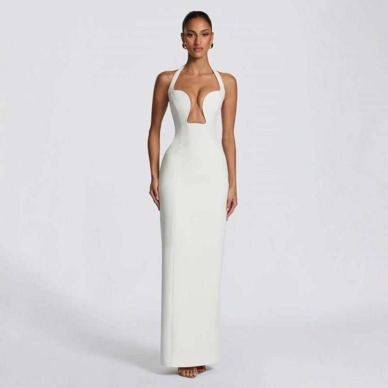 Elegant white halter wrap summer wedding dress with lace trim