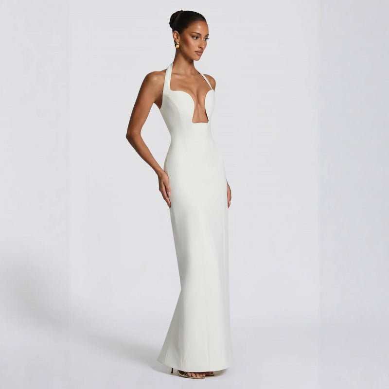 Elegant white summer halter wrap wedding dress with lace trim